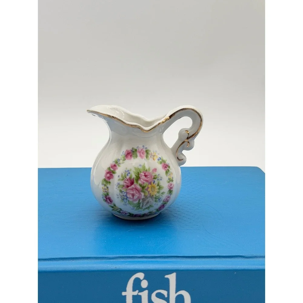 Vintage Floral Porcelain Mini Pitcher Creamer Gold Trim Pink Rose White